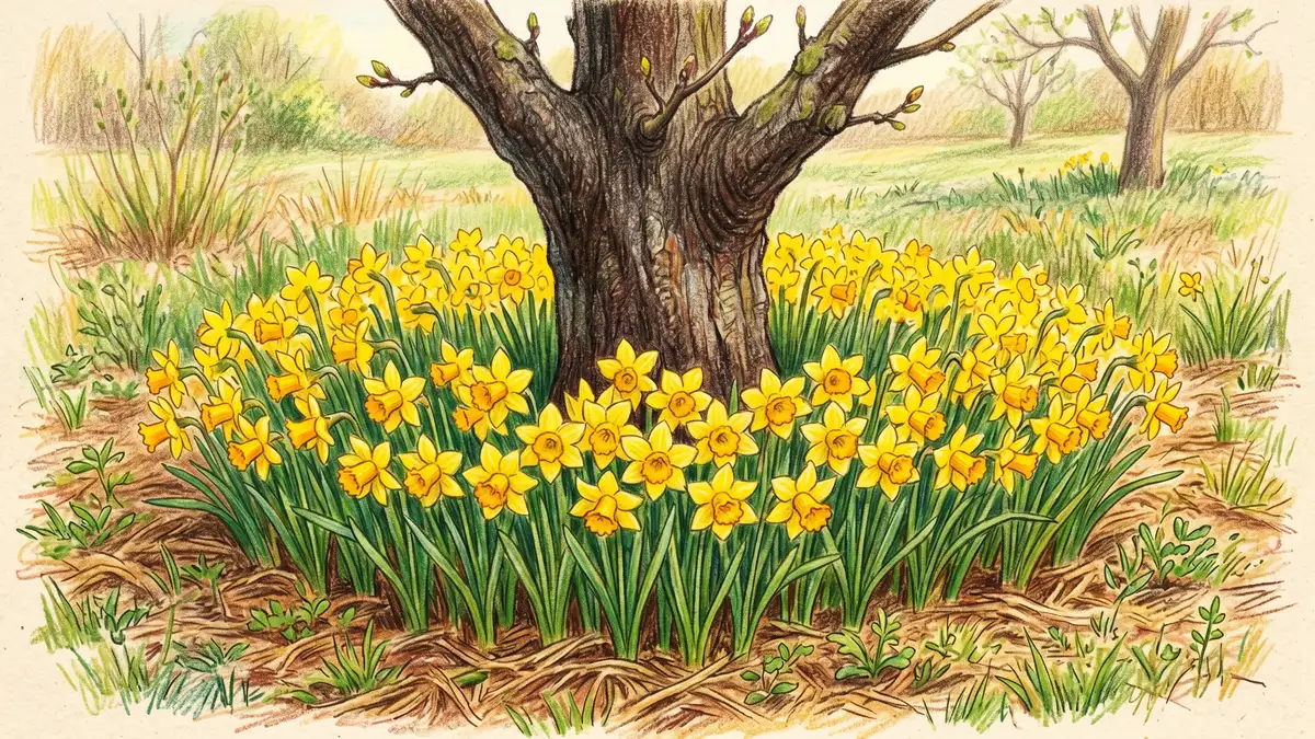 Pencil-crayon illustration of yellow daffodils blooming in a protective ring at the base of an apple tree to deter voles