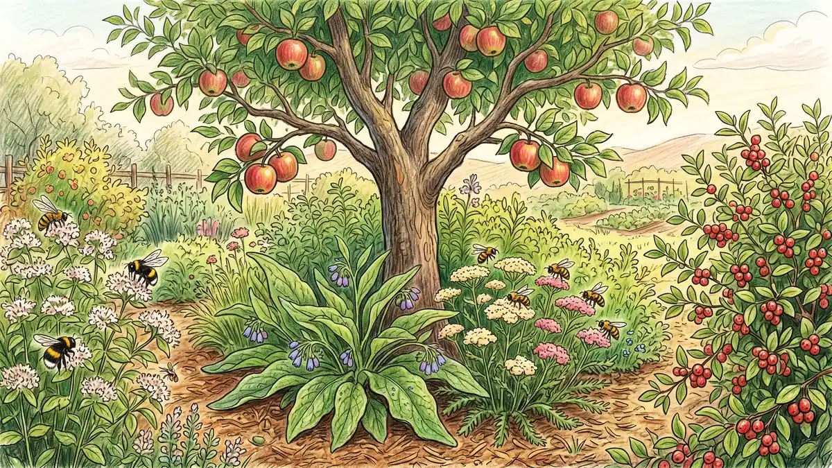 Pencil-crayon illustration of an established apple tree guild in late summer with comfrey yarrow mountain mint and a goumi shrub with red berries