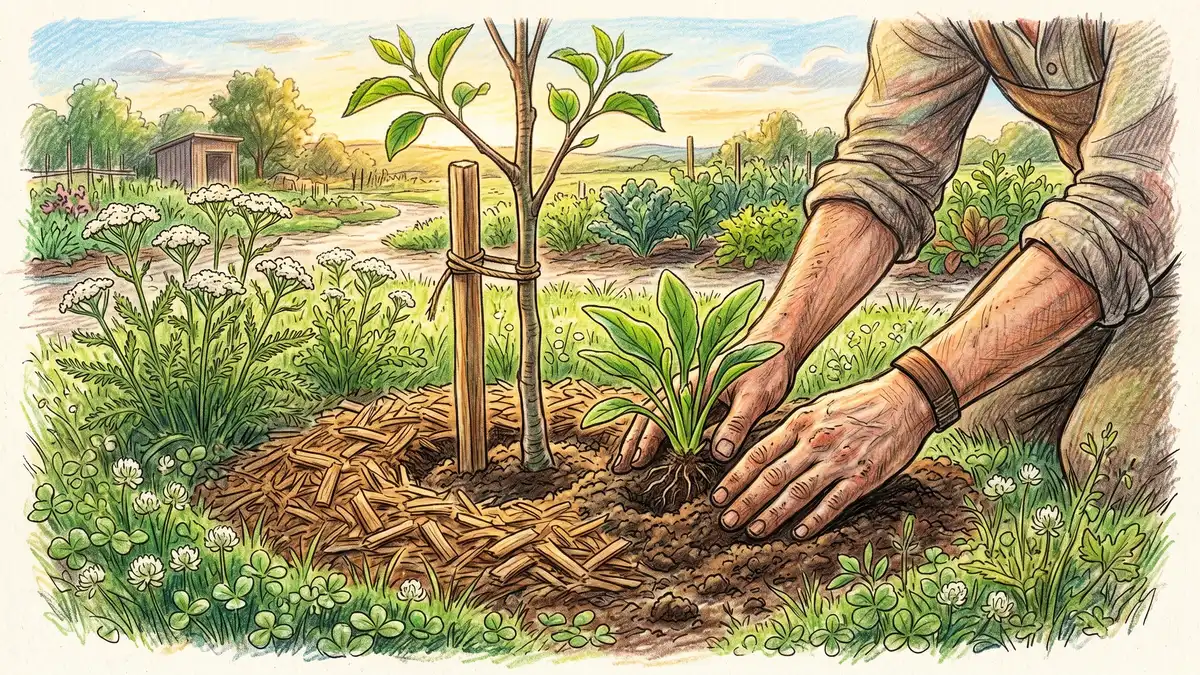 Pencil-crayon illustration of a homesteader's hands planting a comfrey crown beside a young staked apple tree with a wood-chip mulch ring