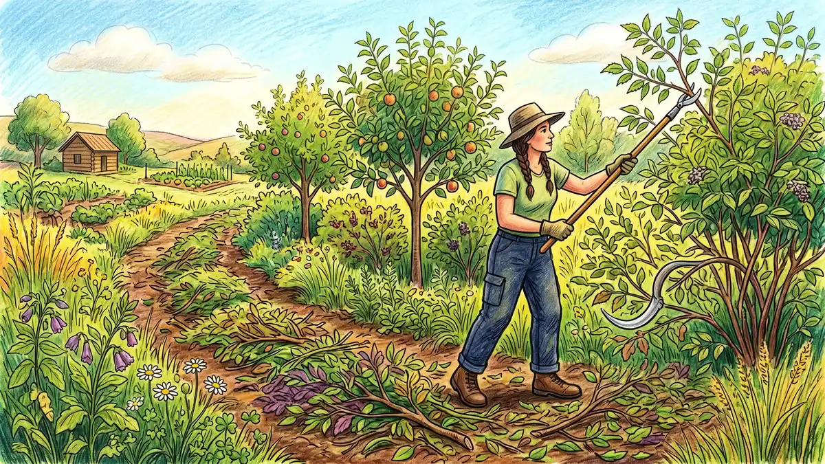 Pencil-crayon illustration of a homesteader chopping mulberry and elderberry biomass shrubs along a syntropic row using a Brazilian foice and pole pruner with cut branches becoming mulch