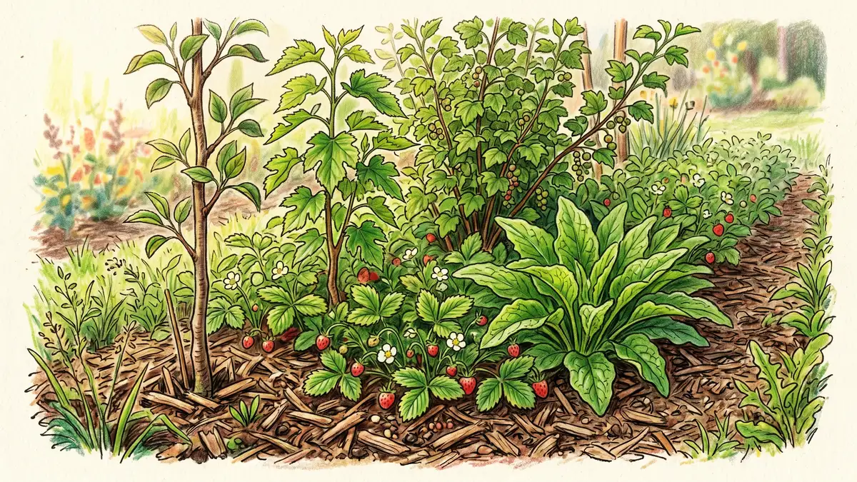Pencil-crayon close-up of a young syntropic row showing dense in-row planting with apple plum mulberry currant strawberry and comfrey packed into a 50 cm stretch