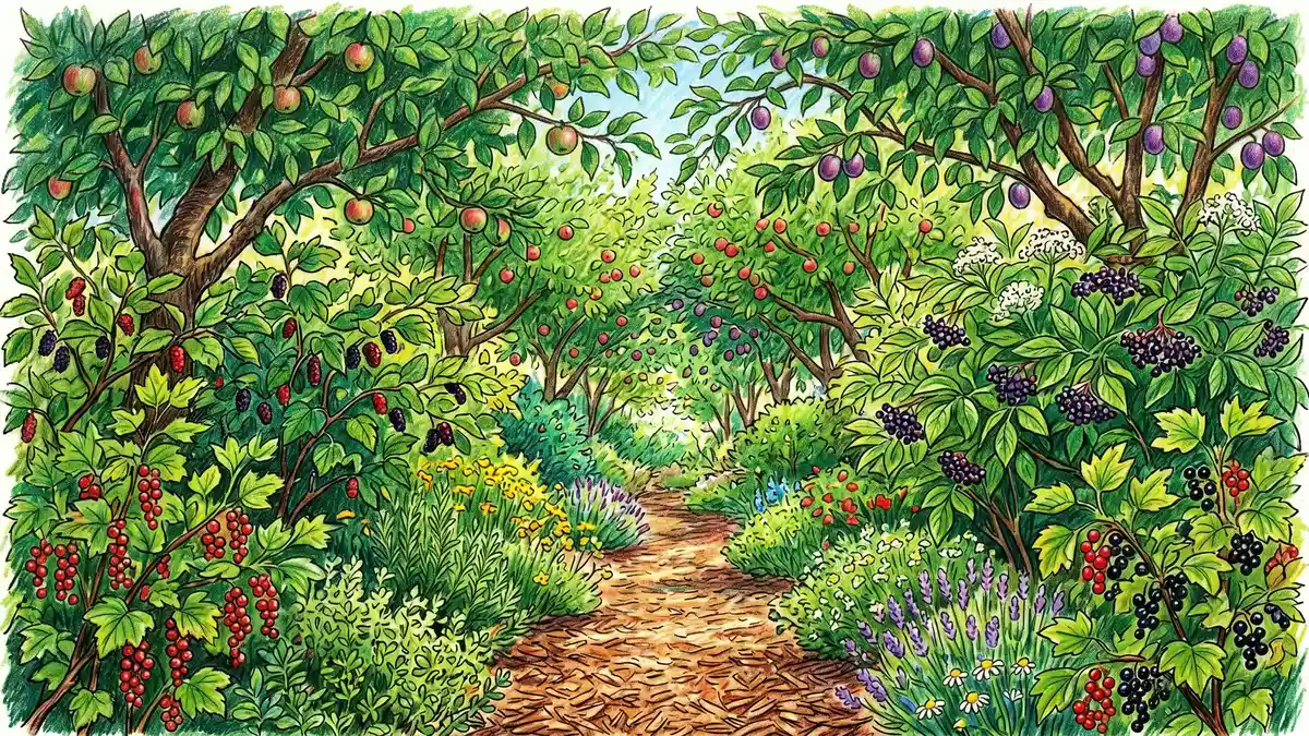 Pencil-crayon illustration of a mature syntropic row in summer with apple plum trees overhead and dense biomass shrubs and herbs filling lower strata