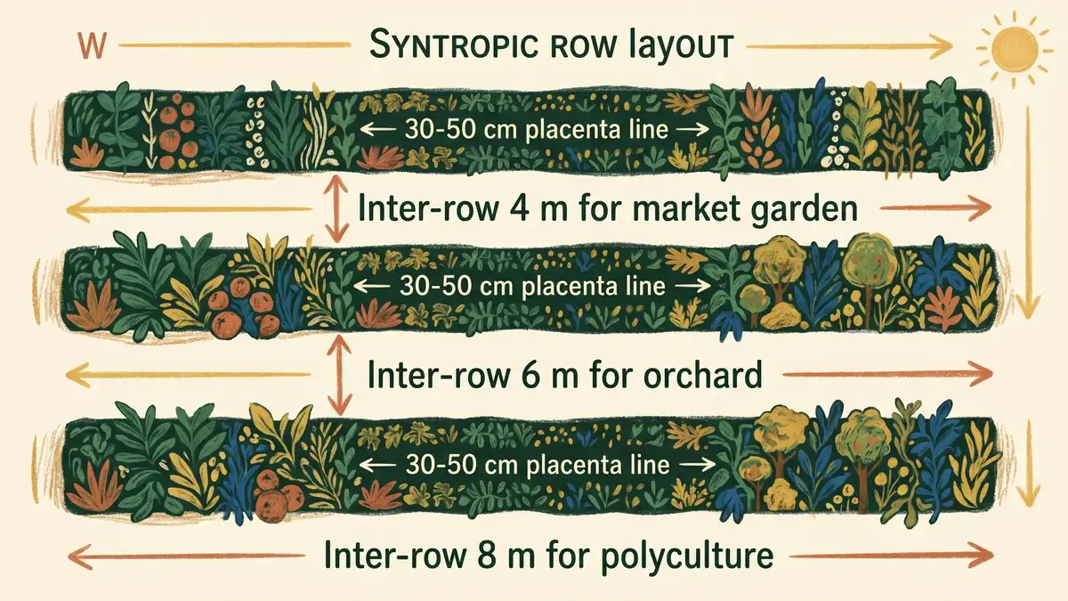 Pencil-crayon top-down infographic showing three parallel syntropic rows oriented east to west with 4 metre 6 metre and 8 metre inter-row spacing measurements and 30 to 50 cm placenta line in-row spacing