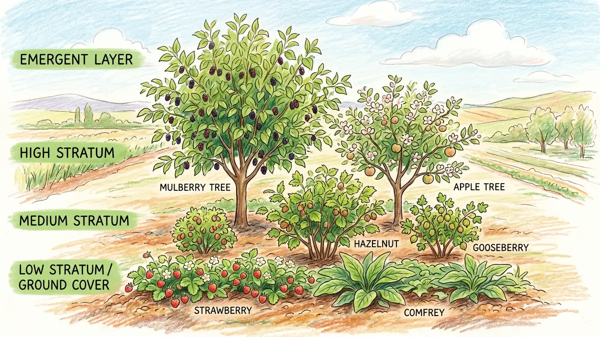 Pencil-crayon side-profile illustration of a syntropic row showing emergent mulberry, high stratum apple, medium hazelnut and gooseberry, low stratum comfrey and strawberry