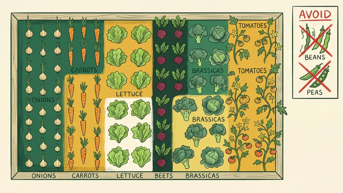 Pencil-crayon top-down infographic of a 4 by 8 foot raised vegetable bed showing onions companion planted with carrots lettuce beets brassicas and tomatoes plus a corner avoid panel for beans and peas