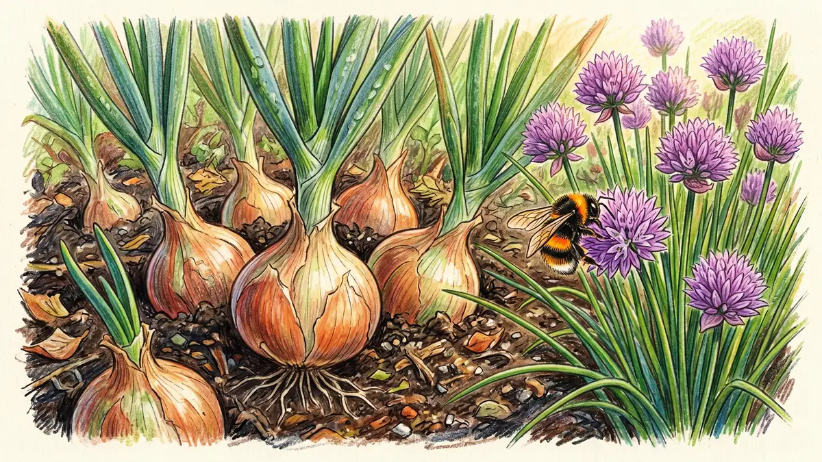 Pencil-crayon close-up of bulbing onions emerging from rich dark soil with mauve-purple chive flowers blooming nearby and a bumblebee visiting