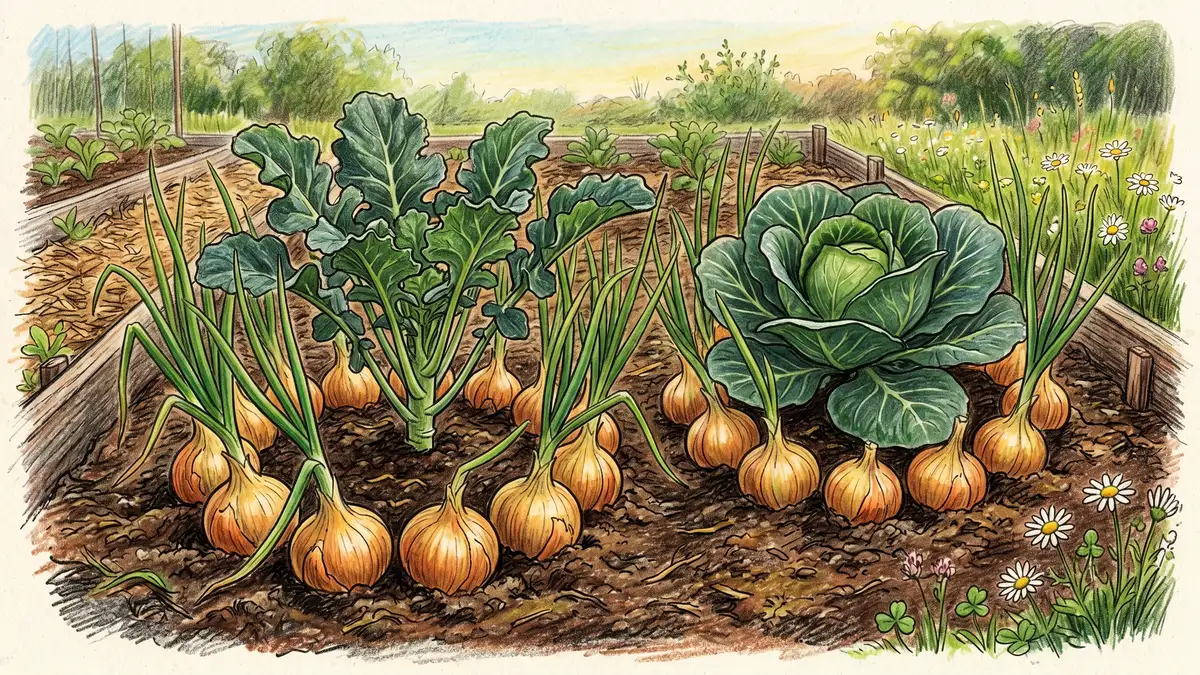 Pencil-crayon illustration of bulbing onions interplanted in a ring around young broccoli and cabbage plants to deter aphids and cabbage maggot