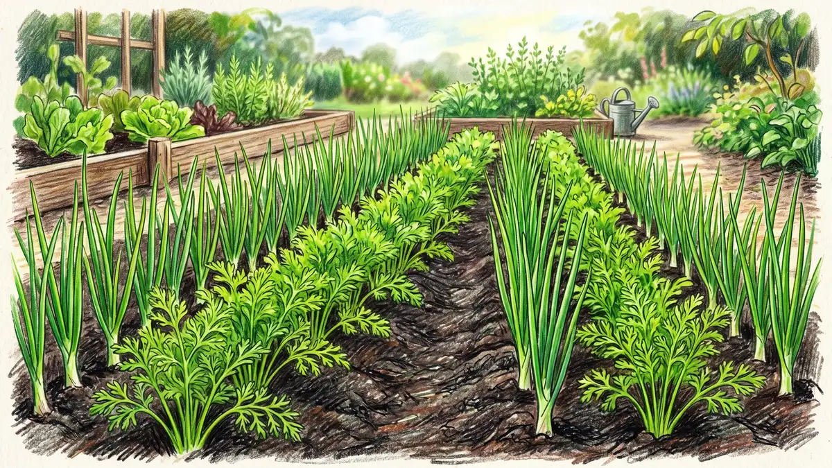 Pencil-crayon illustration of close-spaced rows of onions and carrots growing together with tall slender onion shoots alternating with feathery carrot tops