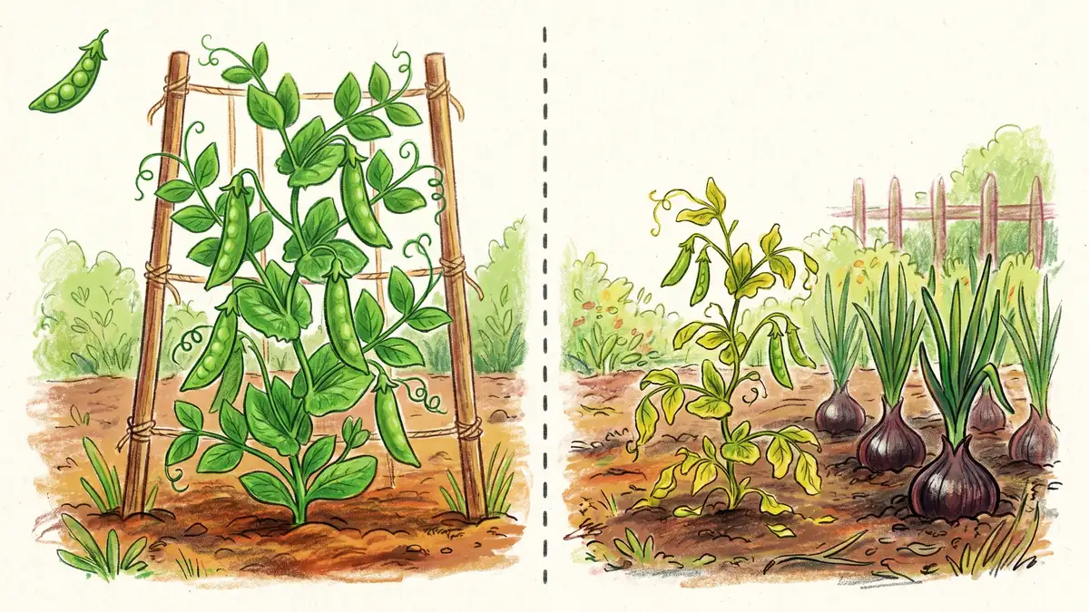 Pencil-crayon comparison illustration showing healthy peas growing alone on the left versus stunted yellowing peas next to bulbing onions on the right