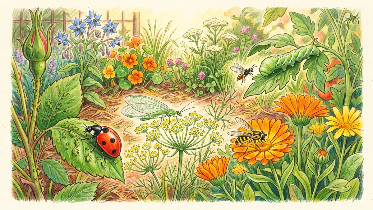 Pencil-crayon illustration of beneficial insects working in a garden including a ladybug on aphids a green lacewing on dill flowers a parasitic wasp near a tomato hornworm and a hover fly on calendula