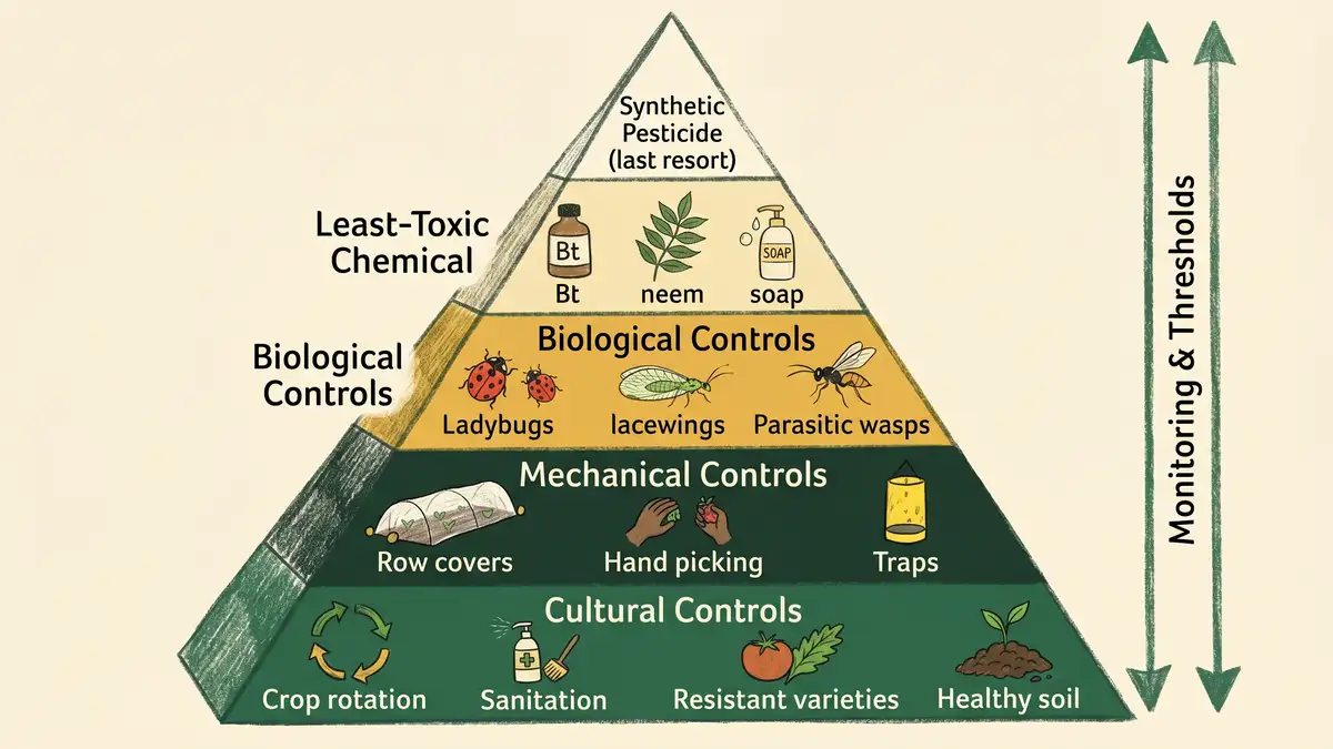 Pencil-crayon infographic of the IPM pyramid showing five tiers from cultural controls at the base through mechanical biological least-toxic chemical and synthetic pesticide as last resort with monitoring and thresholds supporting the structure