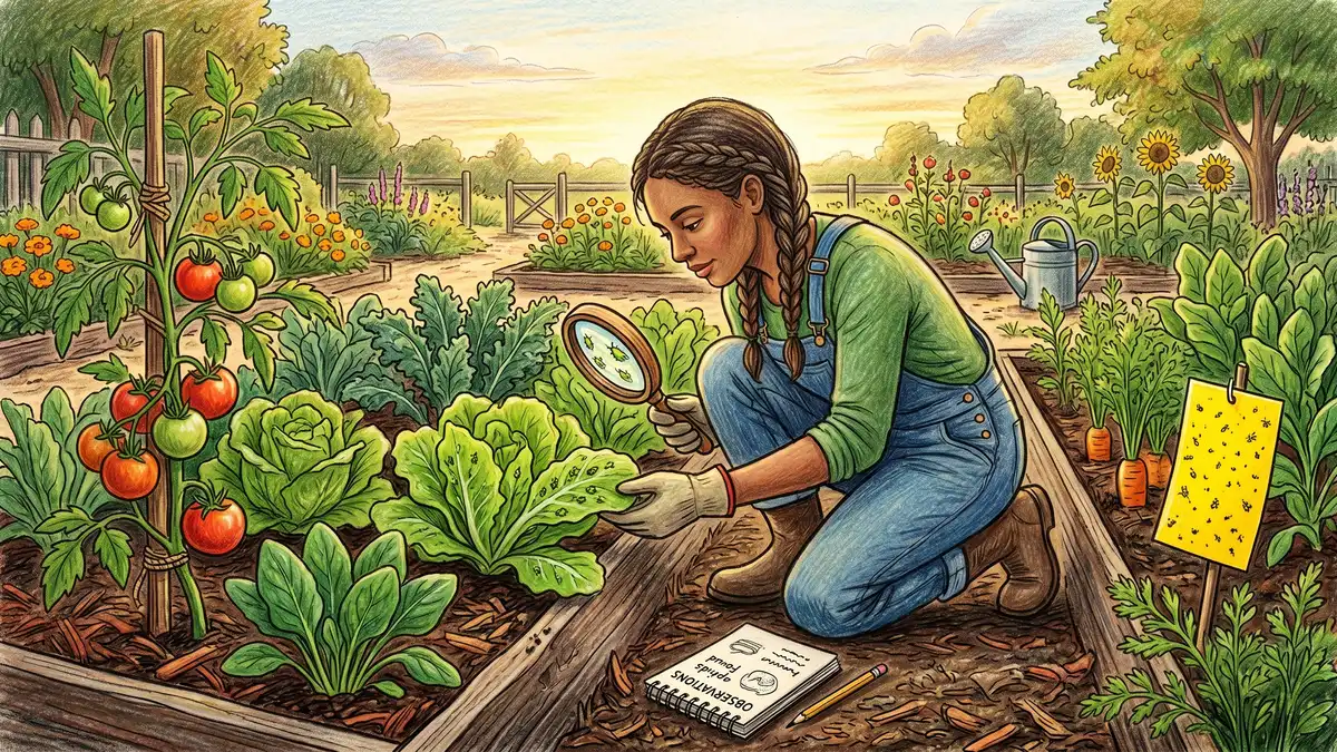 Pencil-crayon illustration of a gardener kneeling beside a vegetable bed inspecting the underside of a leaf with a magnifying glass and a yellow sticky trap nearby