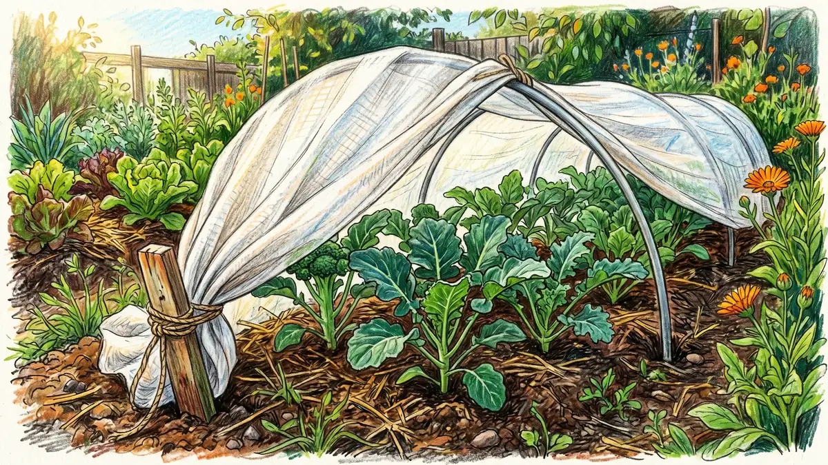 Pencil-crayon close-up of a lightweight white row cover draped over hoops protecting young brassicas with one corner pulled back to reveal healthy broccoli
