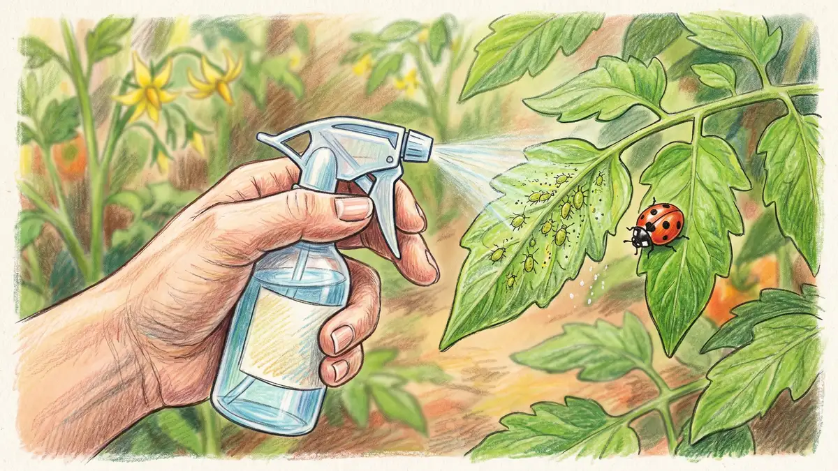 Pencil-crayon close-up of a hand misting insecticidal soap on the underside of a tomato leaf where aphids cluster, with a ladybug approaching nearby