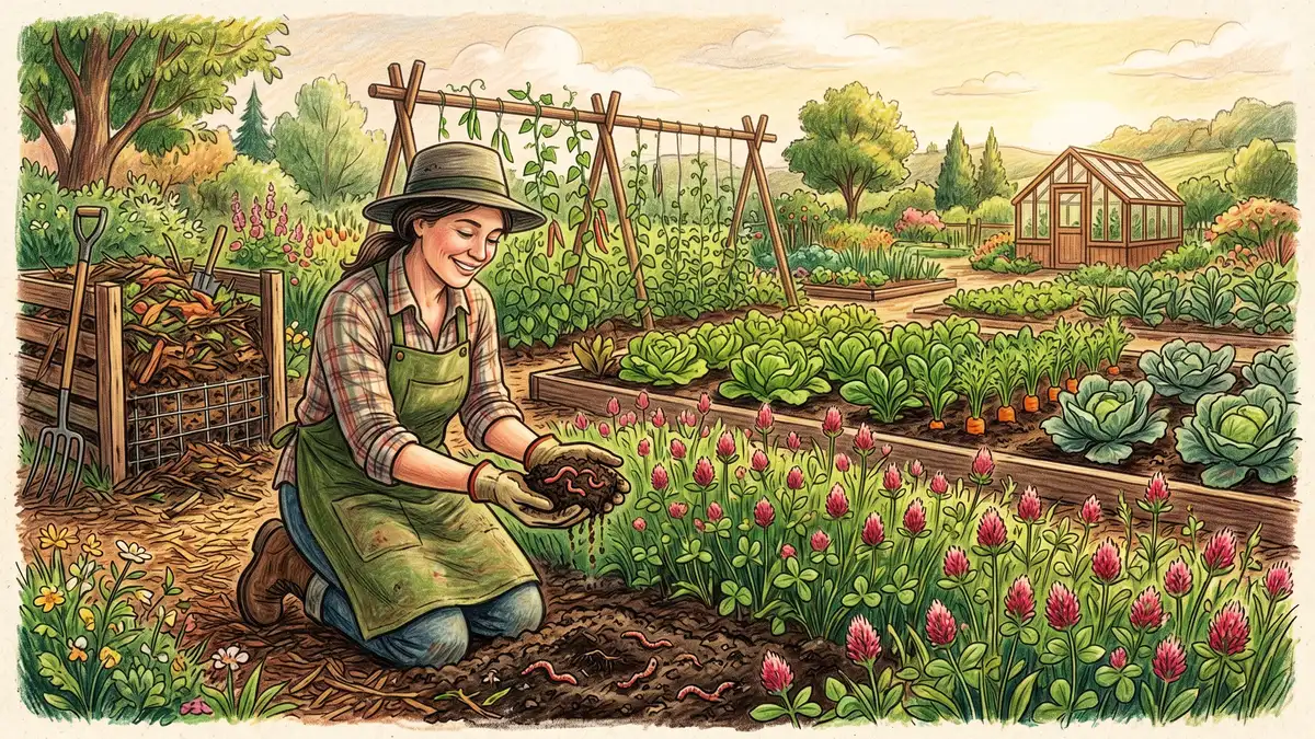 Pencil-crayon illustration of a gardener kneeling at a rich-soil garden bed with crimson clover cover crop blooming holding up a small handful of dark soil with earthworms visible