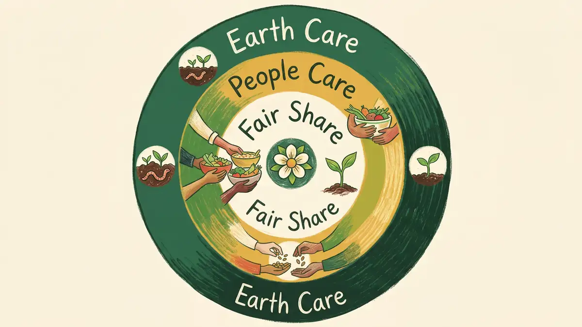 Pencil-crayon infographic showing three concentric circles representing the permaculture ethics with Earth Care on the outer ring People Care on the middle ring and Fair Share at the centre with a permaculture flower icon