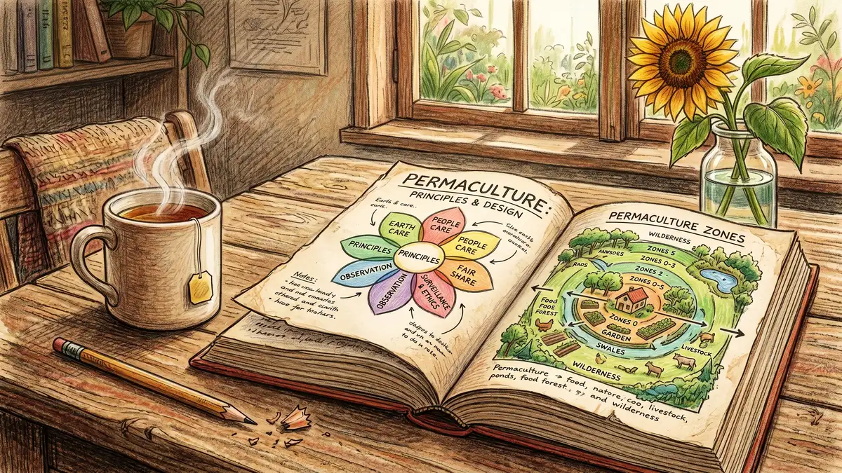 Pencil-crayon close-up of an open permaculture book on a wooden table with hand-drawn zone diagrams a pencil mug of tea and sunflower in a vase