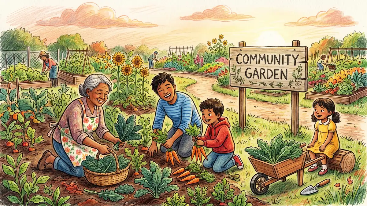 Pencil-crayon illustration of a community garden scene with three people of different ages working side by side harvesting kale and pulling carrots with a wooden Community Garden sign