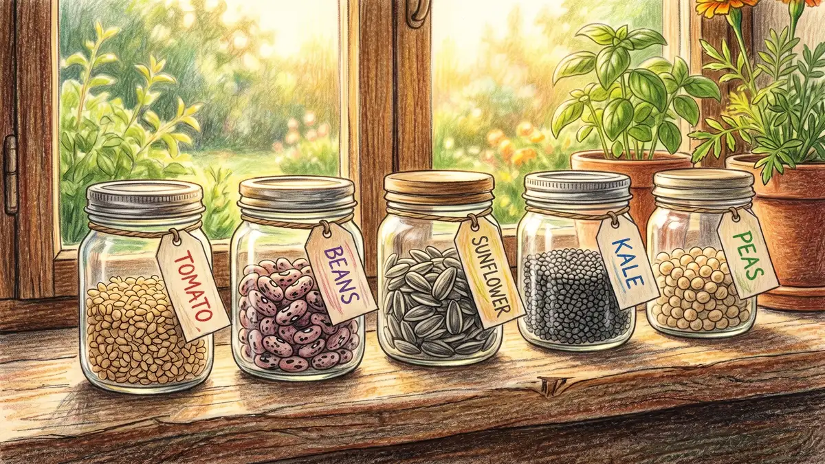 Pencil-crayon close-up of small clear glass jars filled with saved tomato bean sunflower and kale seeds with handwritten paper tags on a wooden shelf