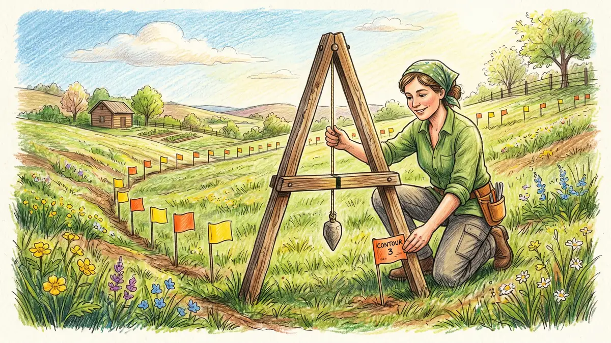 Pencil-crayon illustration of a homesteader using a wooden A-frame level with two legs and a hanging stone bob to mark a contour line across a sloped property with marker flags planted along the line