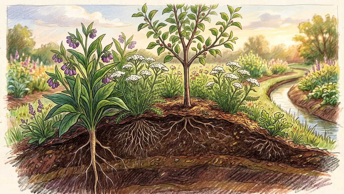 Pencil-crayon close-up of a swale berm planted with a young apple tree comfrey and yarrow with a cutaway view of comfrey taproot reaching deep into the berm soil