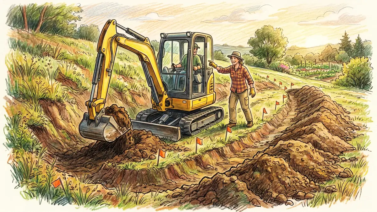 Pencil-crayon close-up of a small yellow mini-excavator digging a swale on a gentle slope with a homesteader directing the operator and excavated earth forming a berm on the downhill side