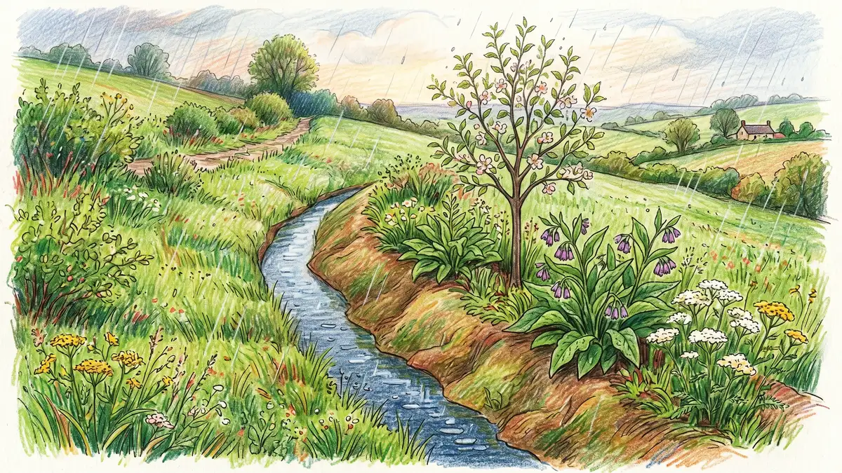 Pencil-crayon side-profile illustration of a hillside with a level shallow swale ditch and a planted earth berm on the downhill side with a fruit tree comfrey and yarrow growing on the berm