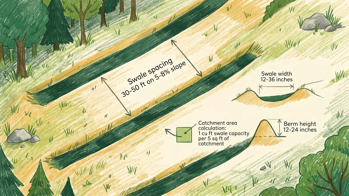 Pencil-crayon top-down infographic showing three parallel swales on a hillside with sizing annotations including spacing 30 to 50 feet on 5 to 8 percent slope swale width 12 to 36 inches berm height 12 to 24 inches