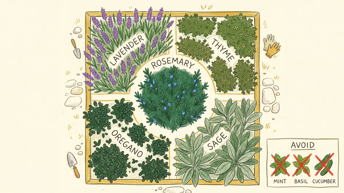 Pencil-crayon top-down infographic of a 4 by 4 foot Mediterranean herb bed with rosemary at centre surrounded by lavender thyme oregano and sage with an avoid panel showing mint basil and cucumber crossed out