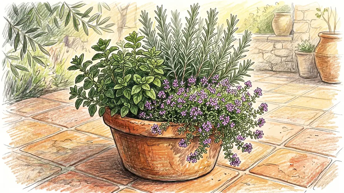 Pencil-crayon illustration of a 16-inch terracotta pot brimming with Mediterranean herbs including rosemary with silvery foliage at the back thyme creeping over the front edge with tiny purple flowers and oregano with darker green leaves on a sunny patio