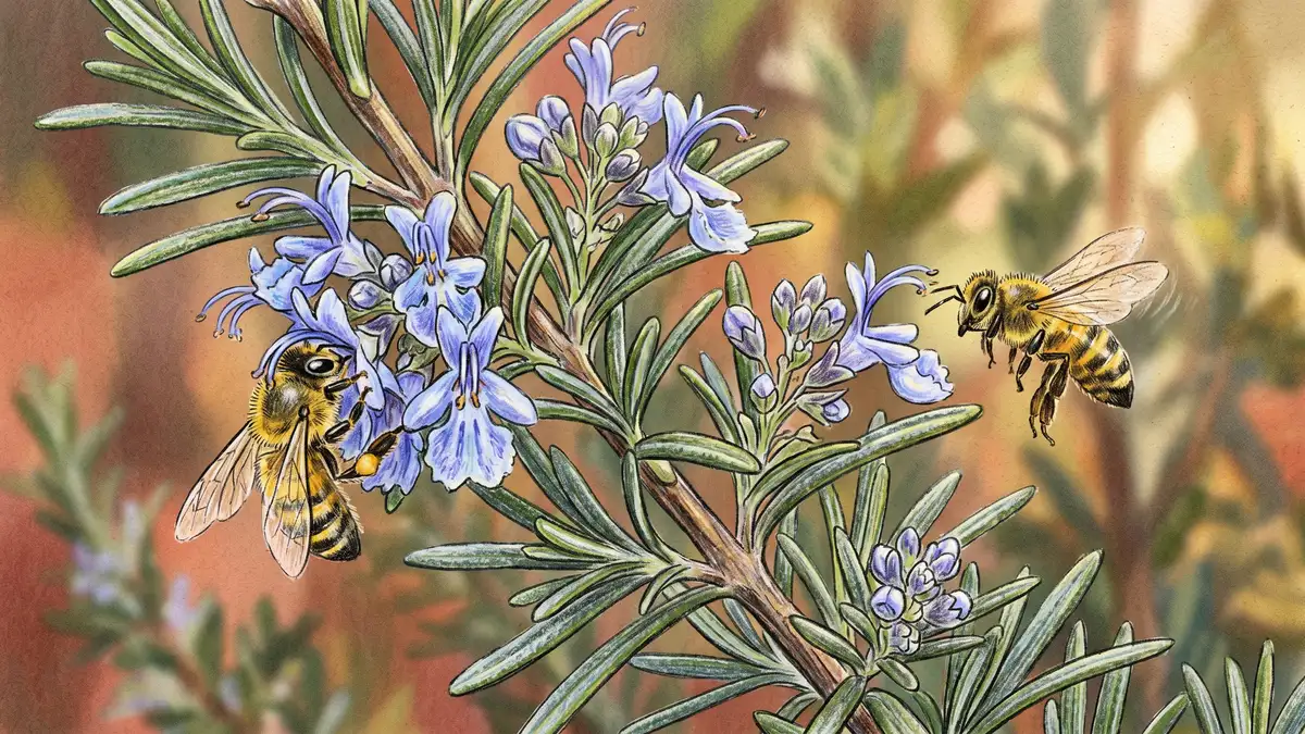 Pencil-crayon close-up of a rosemary branch in flower with pale blue-violet blossoms attracting two honeybees with detailed silvery-green needle leaves