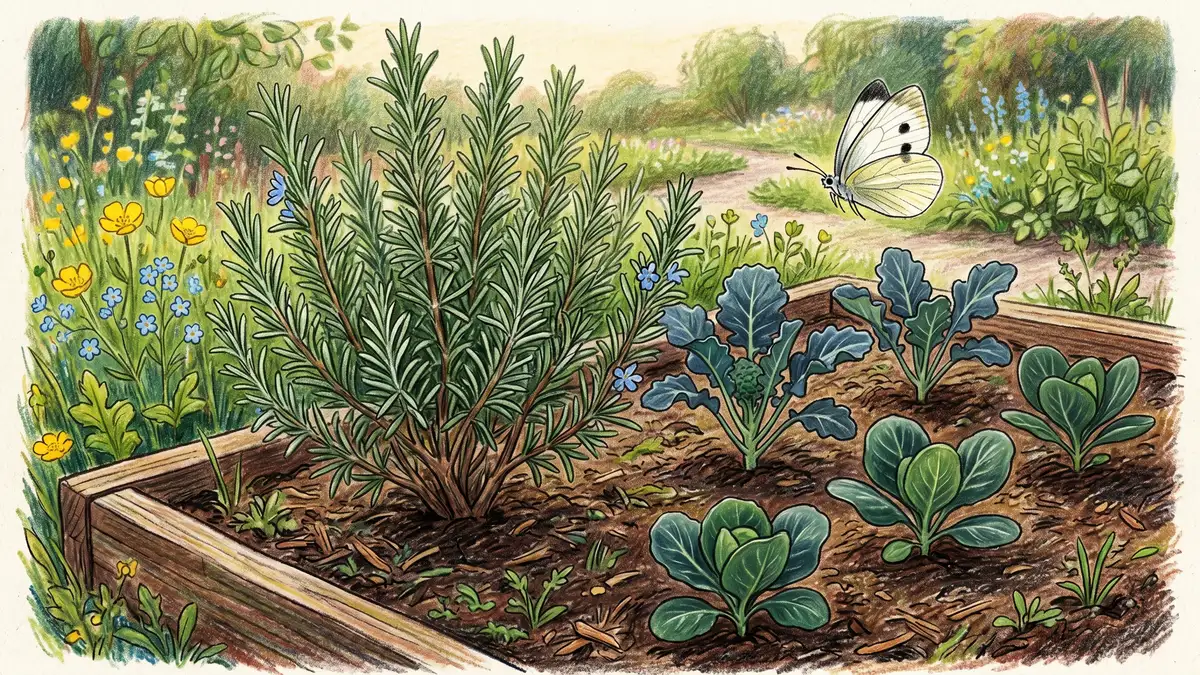 Pencil-crayon illustration of a rosemary plant interplanted near young cabbage and broccoli seedlings with a cabbage white butterfly turning away from the plants