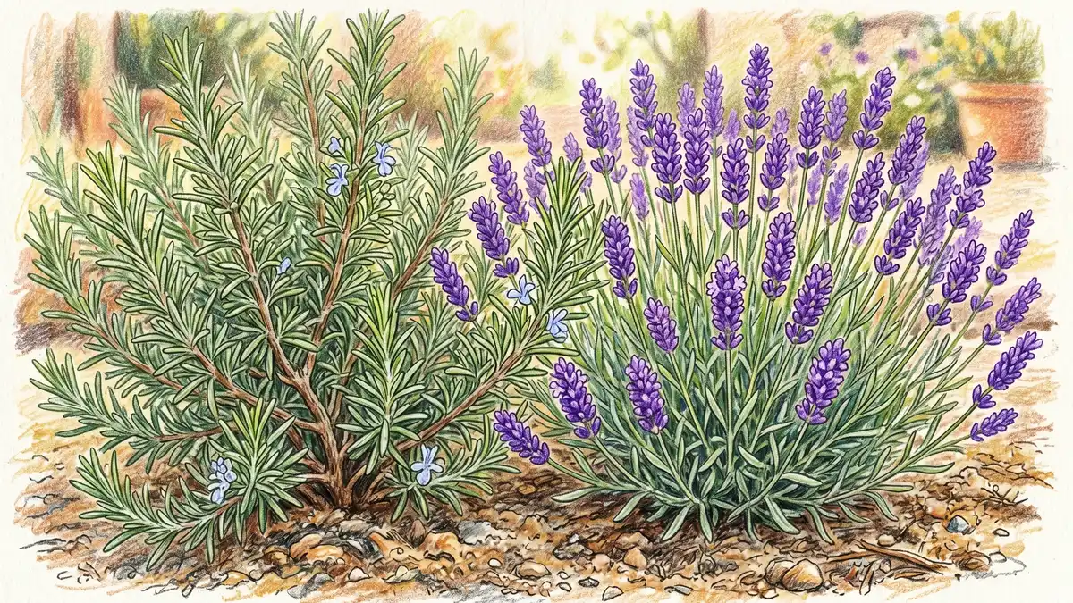 Pencil-crayon close-up of a rosemary plant growing next to a thriving lavender plant in full bloom showing the silvery foliage of rosemary and purple flower spikes of lavender