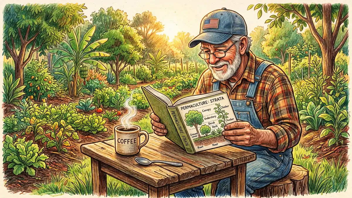 Pencil-crayon close-up of a US farmer reading a permaculture book at a wooden table beside a syntropic row with a steaming mug of coffee