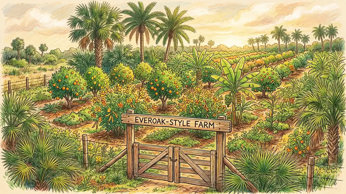 Pencil-crayon illustration of a subtropical Florida syntropic farm with palm trees citrus trees in dense rows and lush understory of bananas and pigeon pea