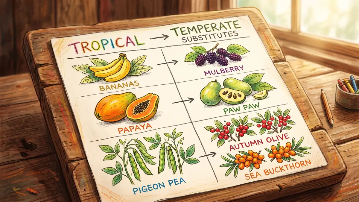 Pencil-crayon close-up of a hand-drawn temperate-climate species substitution chart on a wooden board showing tropical species like banana and papaya replaced by mulberry paw paw autumn olive sea buckthorn