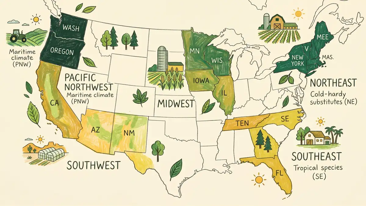 Pencil-crayon US map infographic showing five climate regions with farm icons in Northeast Southeast Pacific Northwest Midwest and Southwest with regional notes about temperate substitutes tropical species and maritime climate