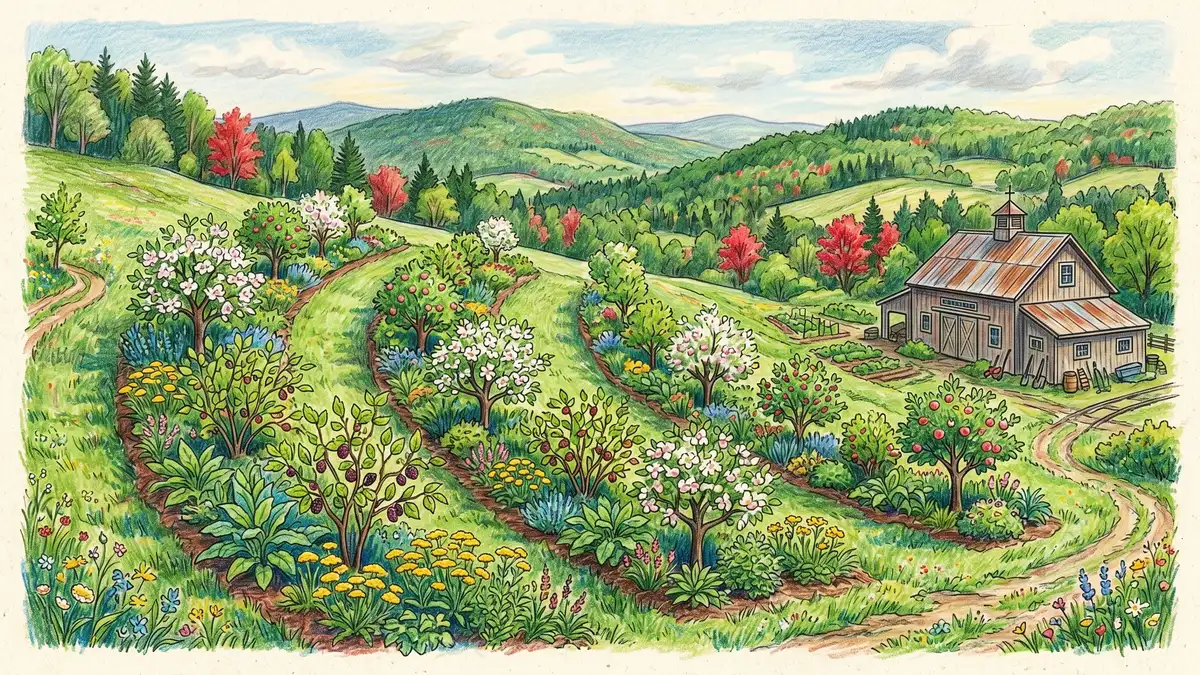 Pencil-crayon illustration of a Vermont hillside farm with three syntropic rows running on contour densely planted with apple mulberry comfrey and yarrow