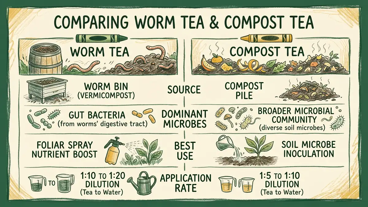Side-by-side infographic comparing worm tea and compost tea inputs, brewing process, and applications