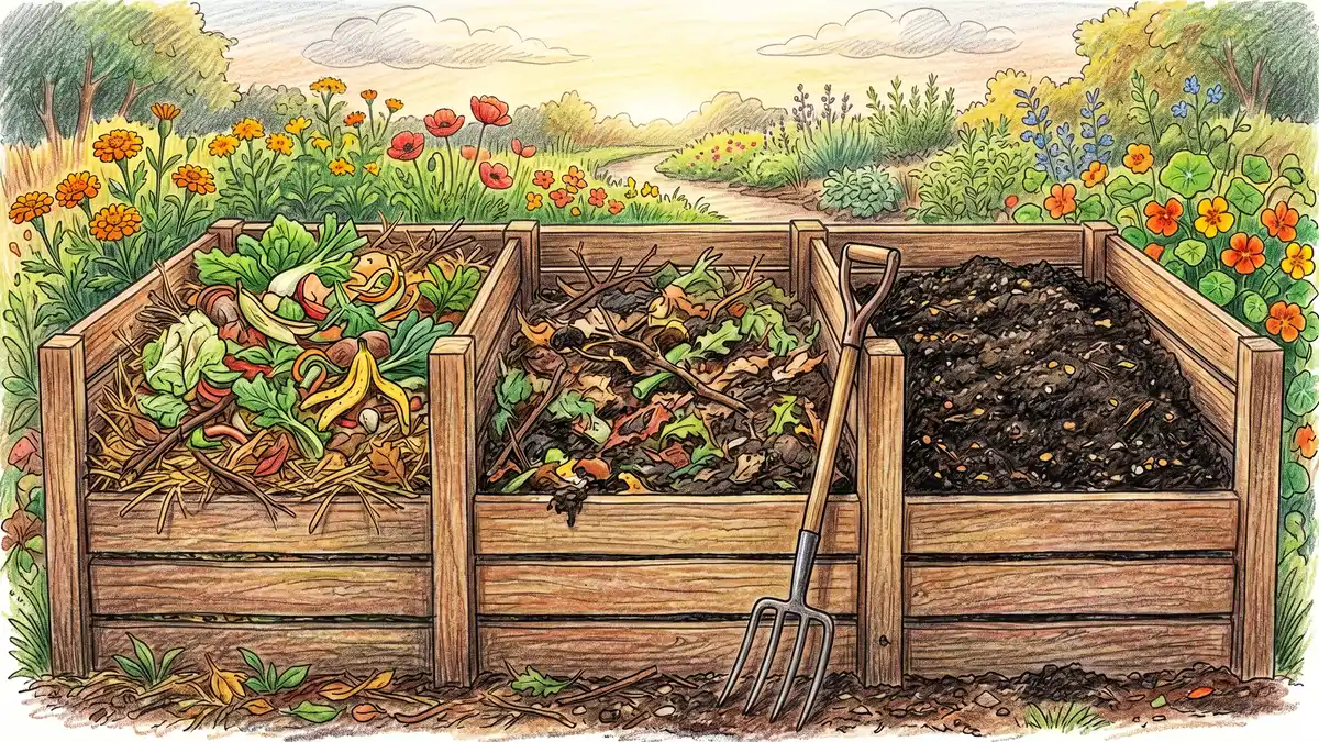 Mature backyard compost pile with finished dark compost ready for tea brewing