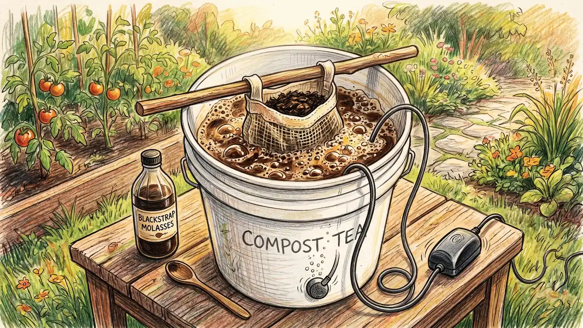 Five-gallon compost tea brewer with aquarium pump, air stone, and mesh bag of finished compost