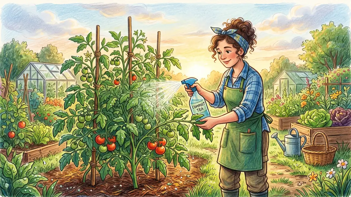 Gardener applying compost tea as a foliar spray to a tomato plant in early morning light