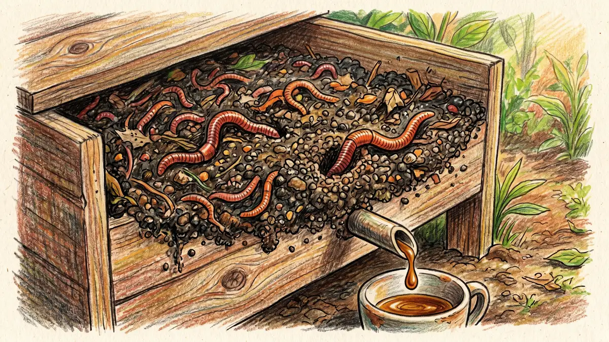 Hands harvesting fresh worm castings from a wooden vermicompost bin