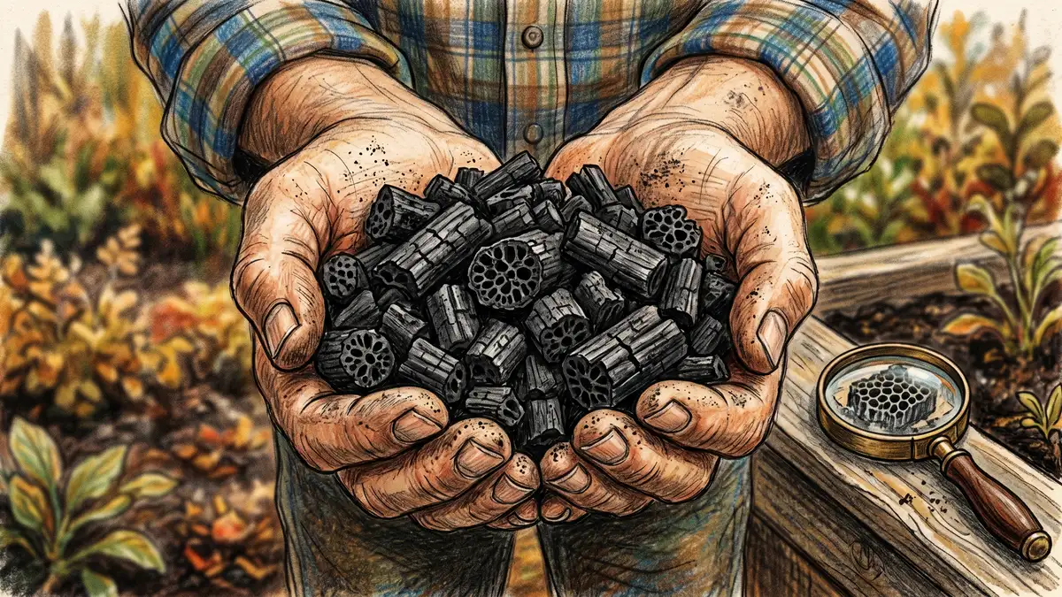 Close-up of porous black biochar pieces in a gardener's hands showing the charred wood structure