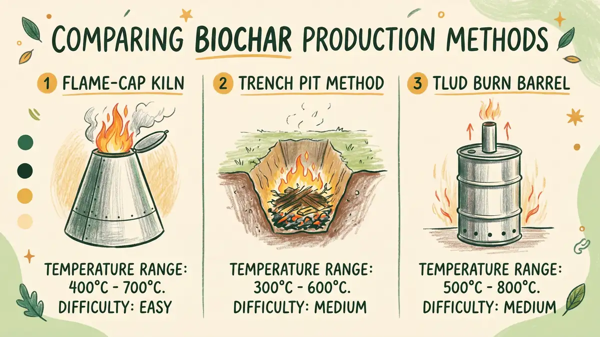 Side-by-side infographic comparing flame-cap kiln, trench pit, and TLUD burn barrel methods of making biochar