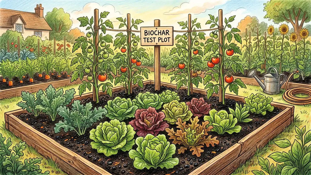Healthy lush vegetable garden bed with dark biochar-amended soil showing thriving lettuce, kale, and tomato plants