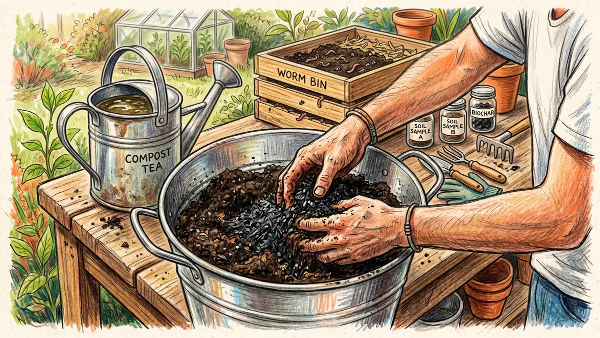 Gardener mixing crumbly black biochar into finished compost in a stainless steel bucket to charge it before garden use