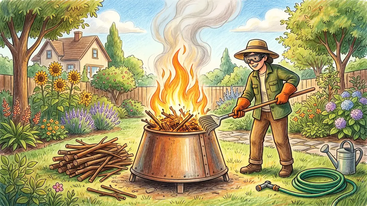 Backyard flame-cap kiln with bright orange flames burning biomass to make biochar, gardener tending the burn safely