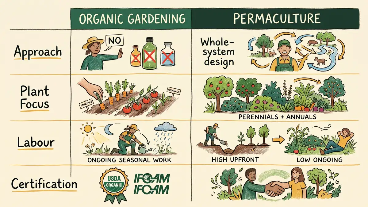 Side-by-side infographic comparing organic gardening and permaculture across approach, plant focus, labour, and certification