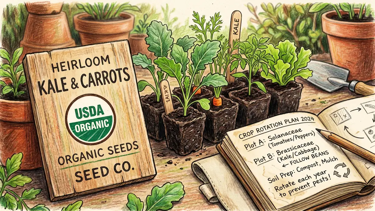 USDA Certified Organic seal stamped on a wooden seed packet alongside organic vegetable seedlings in soil-block trays